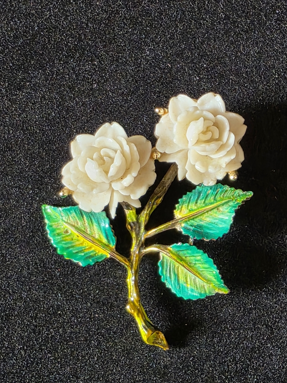 Vintage Gerry's Gold-Tone White Rose Brooch with Green Enamel Leaves